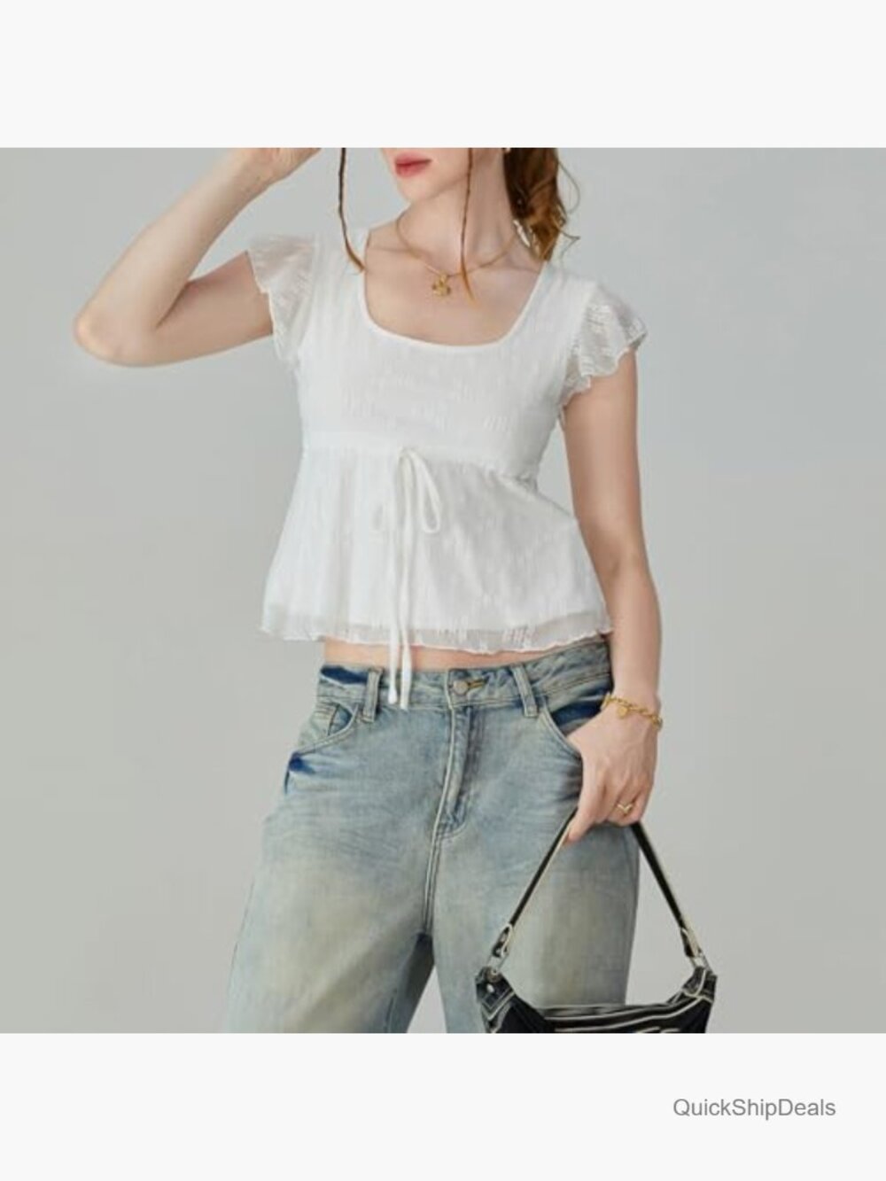 Women Square Neck Peplum Top Y2k Cap Sleeve Ruffle Trim Lace Up Slim Fit Blouse - Picture 3 of 6